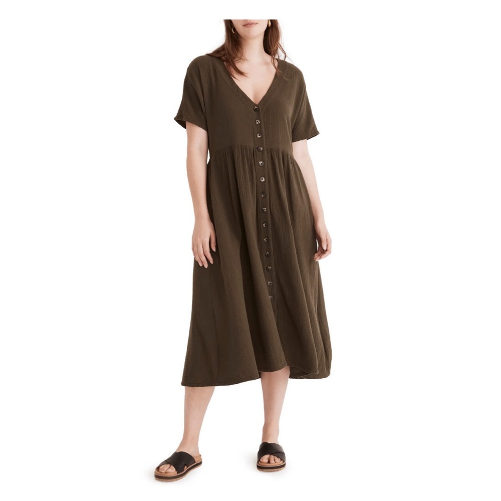 Madewell Nima Cotton Gauze Olive Green Midi Dress Size Large